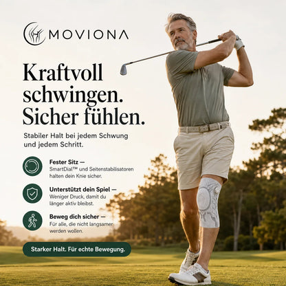 Aktiver Mann beim Golf mit der Moviona Kniebandage