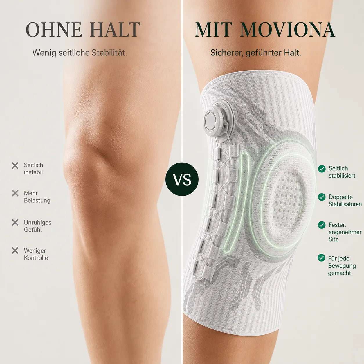 Ohne Halt im Vergleich mit Moviona: seitlich stabilisiert, doppelte Stabilisatoren, fester angenehmer Sitz