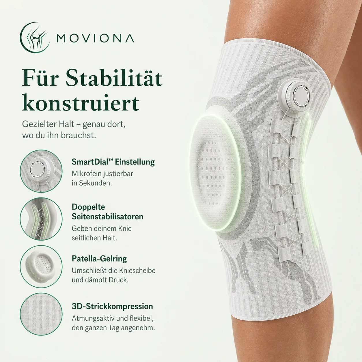 Für Stabilität konstruiert: SmartDial Einstellung, doppelte Seitenstabilisatoren, Patella-Gelring, 3D-Strickkompression