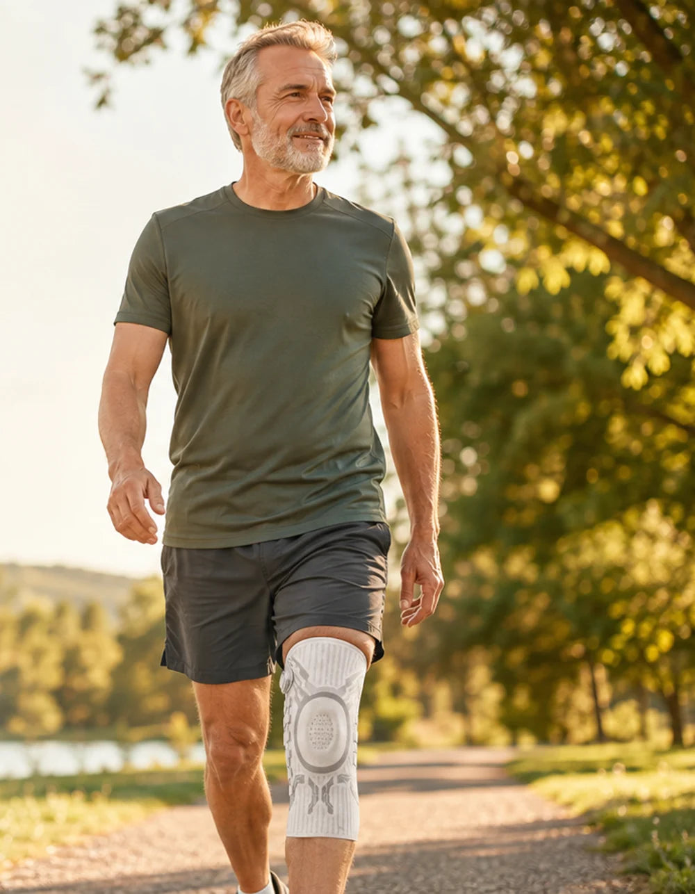 Aktiver Mann spaziert mit der Moviona SmartDial Kniebandage am See