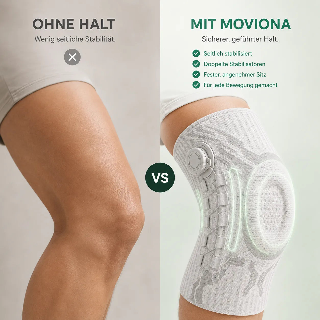 Ohne Halt im Vergleich mit Moviona: seitlich stabilisiert, doppelte Stabilisatoren, fester angenehmer Sitz